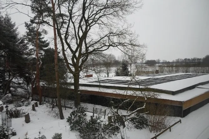 Gedocumenteerde vruchtenduivenkweeklocatie van Peter Tödter met overdekte volières, watergedeelte en beplante rustplaatsen.